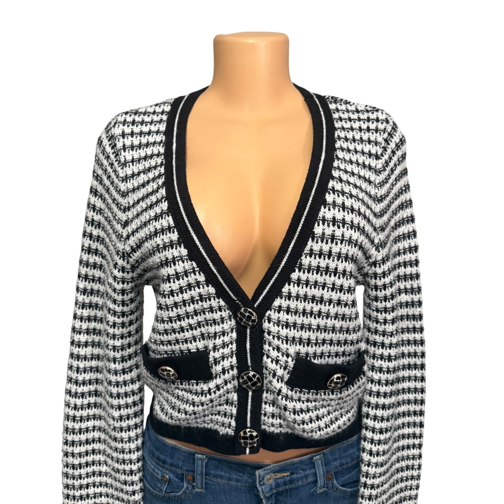 London Kaye Black White Houndstooth Cardigan Sweater Gold Button Pockets Women L